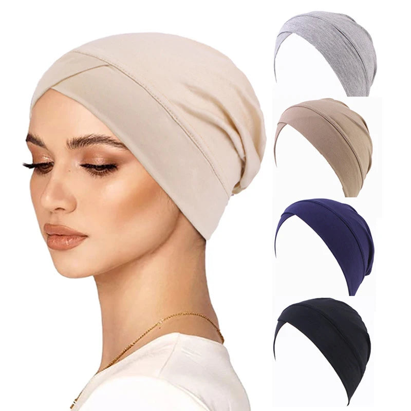 1PCS Women Modal Cotton Cross Turban Muslim Headwrap Soft Beanie Inner Underscraf Hat Headcover Hijabs Lady Chemo Cap