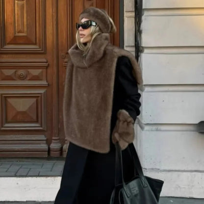 Eco Mink Fur Turtleneck Tank Tops Fluffy Layering Piece Faux Fur Vest Thicken High Collar Sable Vest Women's Apparel