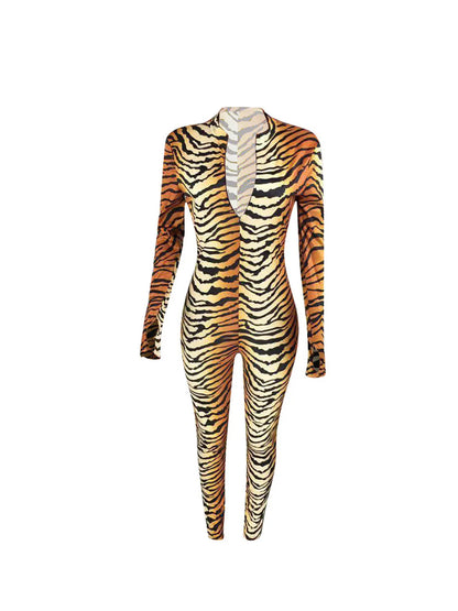 Tiger Pattern Print Jumpsuits Sexy Bodycon Long Sleeve V-neck Skinny Rompers Long Pants Jumpsuits Sexy Club Outfit Overalls