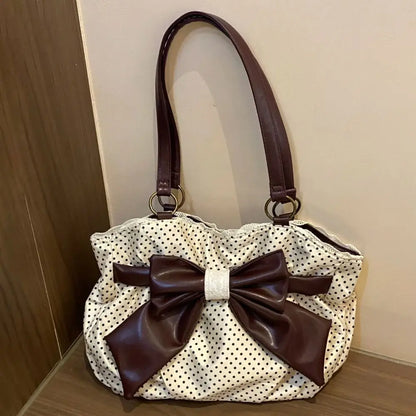 Trendy Vintage Women's Bow Handbag Y2k Casual Chic Lady Shoulder Bags All Match Aesthetic Dot Ins Underarm Bag Streetwear