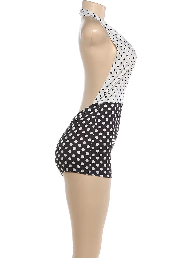 Weird Puss Polka Dots Print Patchwork Halter Backless Playsuit Summer Women's Suit Sexy Stretch Woman Jumpsuits and Rompers