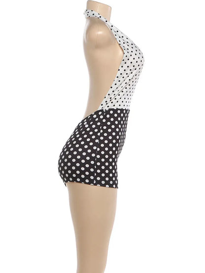 Weird Puss Polka Dots Print Patchwork Halter Backless Playsuit Summer Women's Suit Sexy Stretch Woman Jumpsuits and Rompers