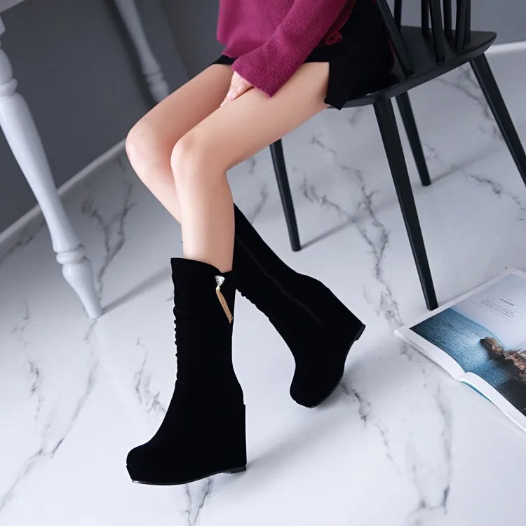 2026 Fashion Women Mid Calf Boots Round Toe Wedges 11cm Platform 3cm Decoration 42 43 Sexy Female Bota