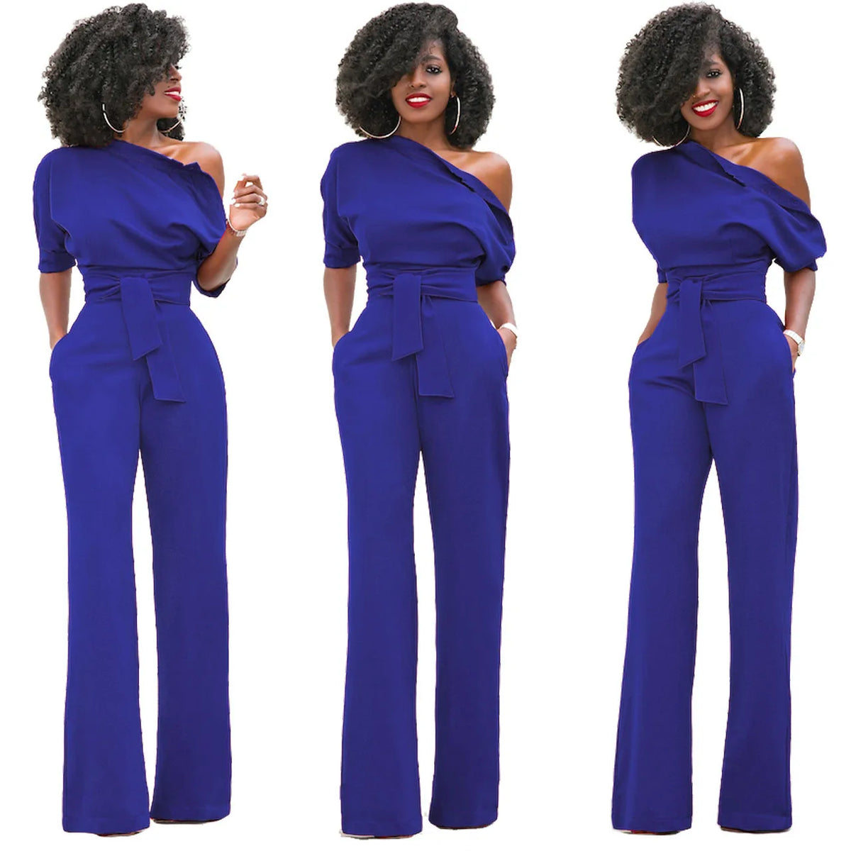 High Quality 2025 Spring Women's Casual Jumpsuits One Shoulder Slash Neck Button Romper Full Length Jumpsuit Wide Legs Jumpsuit