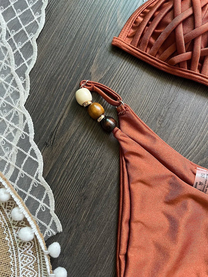 Sexy Brown Bikini Set 2026 Women Pearls Strap Hole Out Push Up Bra Thong Swimsuit Brazilian Beach Bathing Suit Micro Swimwear