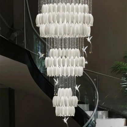 Luxury Crystal Staircase Chandelier for Stairsway Loft Ceramic Flowers Ceiling Chandelier for High Ceiling Villa Hotel Lobby