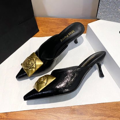Women High Heels Slippers Summer New Luxury Fashion Gold Flower Decoration Modren Sandals Ladies Pointed Toe Mules Shoes Slides