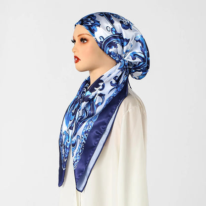 New Muslim Satin Silk Instant Hijabs Scarf Printed Turban Thick Hijab Cap Night Cap Women Ramadan Elastic Satin Hair Bonnet Eid