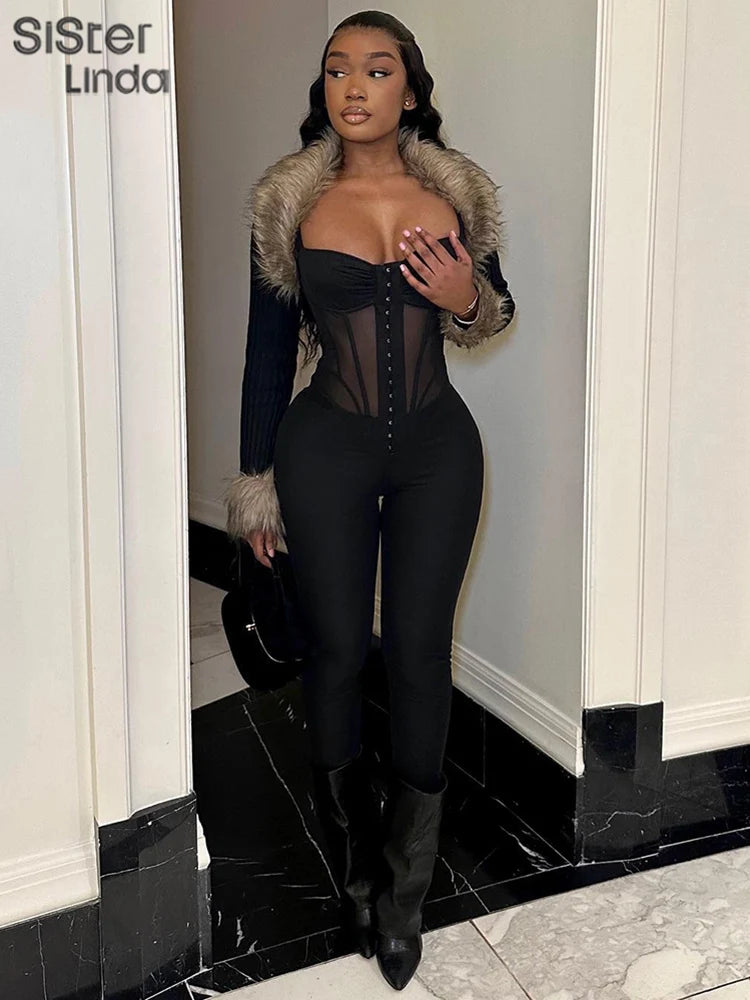 Sisterlinda Mesh Patchwork Hipster Jumpsuit Women Sleeveless Single-Breasted Elegant Sexy Midnight Workout Overalls Clubwear2024