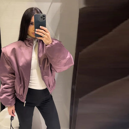 Faux Leather Bomber Jacket Oversized Collared Long Sleeve 2026 Spring Edgy Women Faux Leather Coat Fashion  Bold Lady Outerwear
