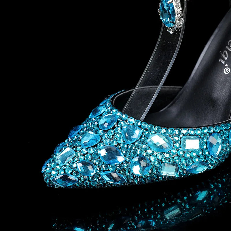 2024 Autumn Slim Heels Shallow Mouth Luxury Blue Water Diamond Pearl Women Single Shoes 9CM Wedding Party Shoes Sandalias Mujer