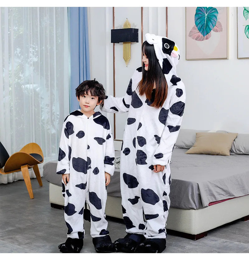 Adults Cow Cartoon Pajamas Animal Onesies Cosplay Costumes Jumpsuit Hooded Sleepwear Halloween One Piece for Performing