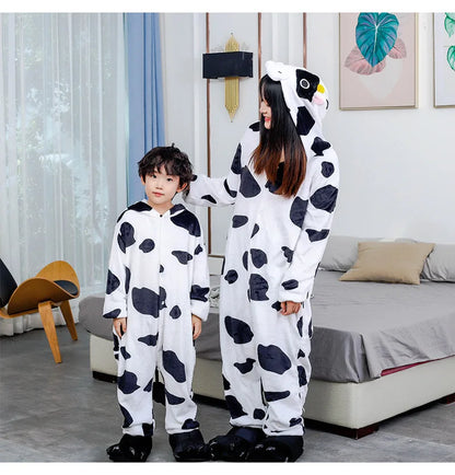 Adults Cow Cartoon Pajamas Animal Onesies Cosplay Costumes Jumpsuit Hooded Sleepwear Halloween One Piece for Performing