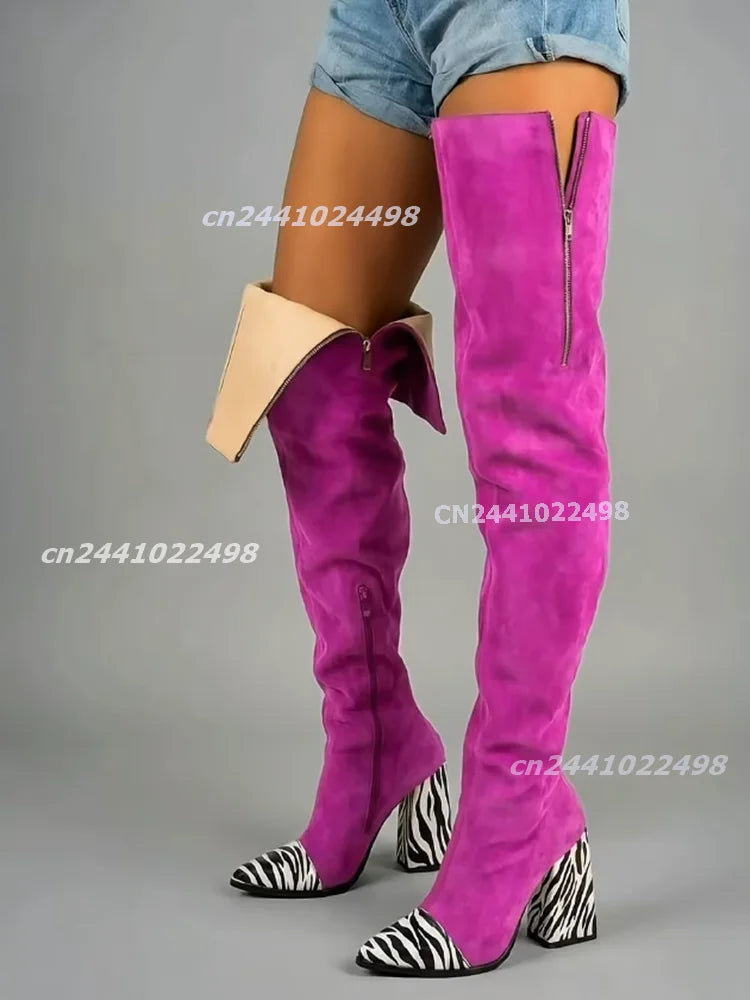Women's Suede Zebra Print Patchwork Over the Knee Boots Pointed Toe Chunky High Heels Side Zipper Fold Over Thigh High Boots