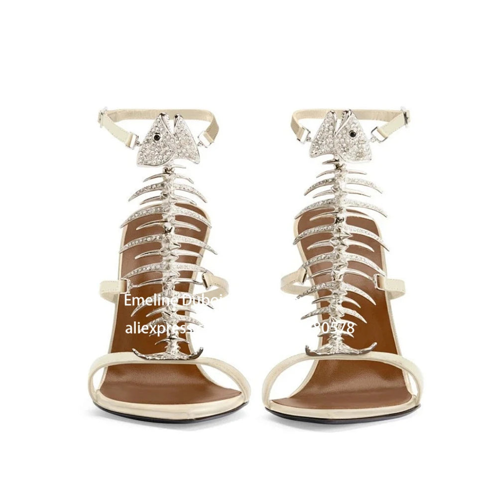 Fish Bone Sandals Rhinestone Slingback High Heels Pointed Toe Stiletto Pumps for Party Evening Sexy Women Summer Shoes Plus Size