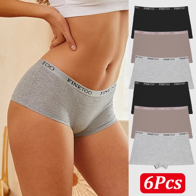 FINETOO 6PCS/Set Women Cotton Panties Female Boxer Boyshort Low Waist Letter Logo Sport Underwear Ladies Pants Intimate Lingerie