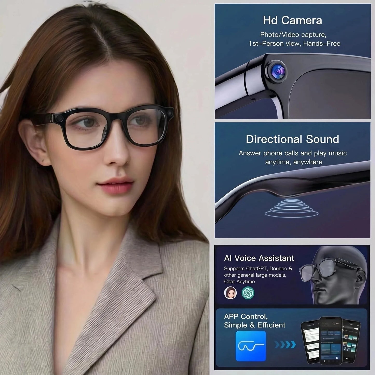 800W HD AI Smart Glasses with Camera, 1080P HD Video Recording, AI Assistant, Real-Time Translation, with Color-Changing Lenses