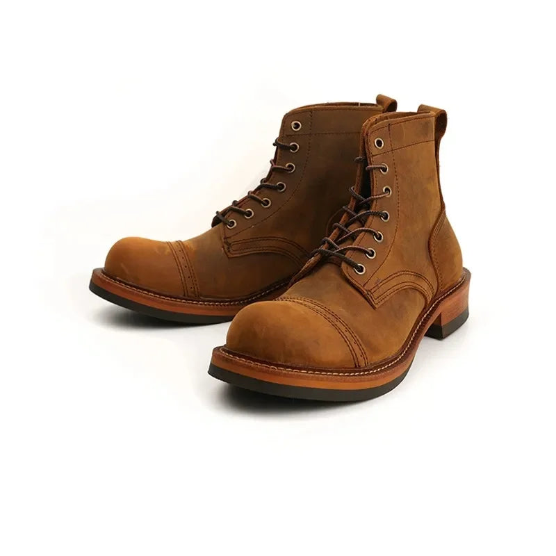 Vintage British High Quality Handmade Men Boots Cow Leather Round Toe Wedge Ankle Boots Spring Winter Tooling Motorcycle Boots