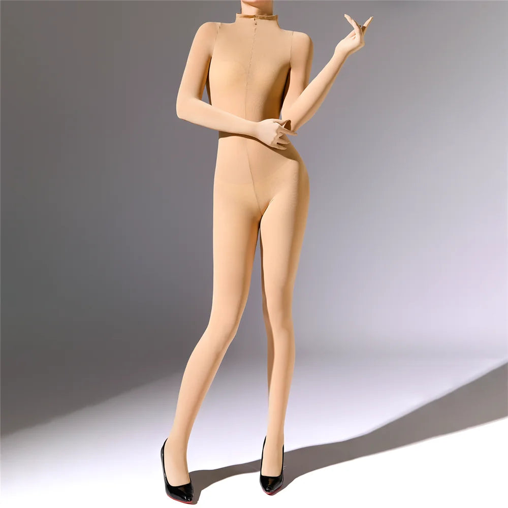 Plus Size Sexy Women 120D Five Finger Glove Sleeve Bodysuit Seamless Tight Warm High Elastic Shaping Cosplay Unisex Fit Jumpsuit
