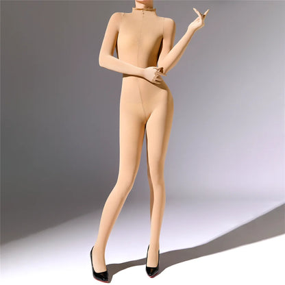 Plus Size Sexy Women 120D Five Finger Glove Sleeve Bodysuit Seamless Tight Warm High Elastic Shaping Cosplay Unisex Fit Jumpsuit