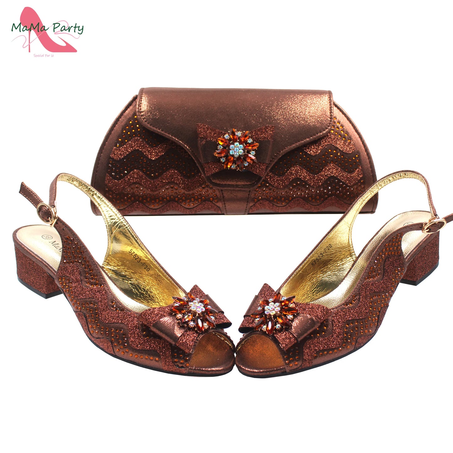 Golden Elegant Ladies Shoes Matching Bag Set Slingbacks Peep Toe Low Heels Fashion New Design Italian for Wedding