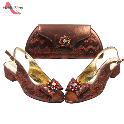 Golden Elegant Ladies Shoes Matching Bag Set Slingbacks Peep Toe Low Heels Fashion New Design Italian for Wedding