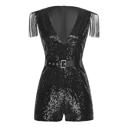 Women Sequined Unitard Fashion Short Romper Belted Tassels Jumpsuits Clubwear Sleeveless Sparkly Rave Disco Club Party Costume