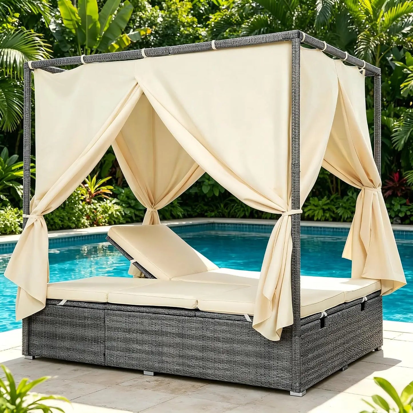 Patio Chaise Lounge, PE Rattan Outdoor Patio Wicker Sunbed Daybed with Adjustable Seats, Four-sided Canopy,, Customized