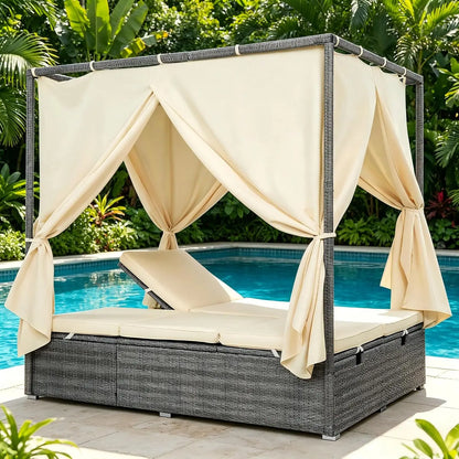 Patio Chaise Lounge, PE Rattan Outdoor Patio Wicker Sunbed Daybed with Adjustable Seats, Four-sided Canopy,, Customized