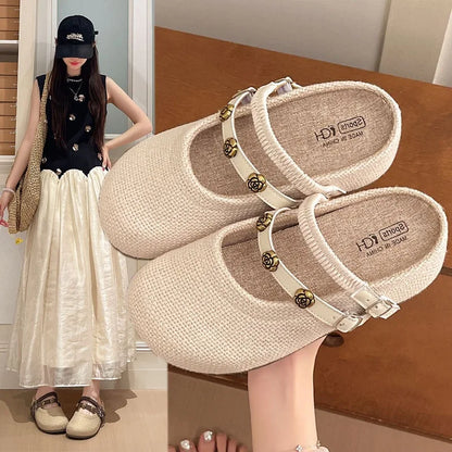 Women's Woven Mary Jane Mules Flat Round Toe Slip-On Shoes with Buckle Straps and Rose Hardware Casual Balletcore Summer Sandals