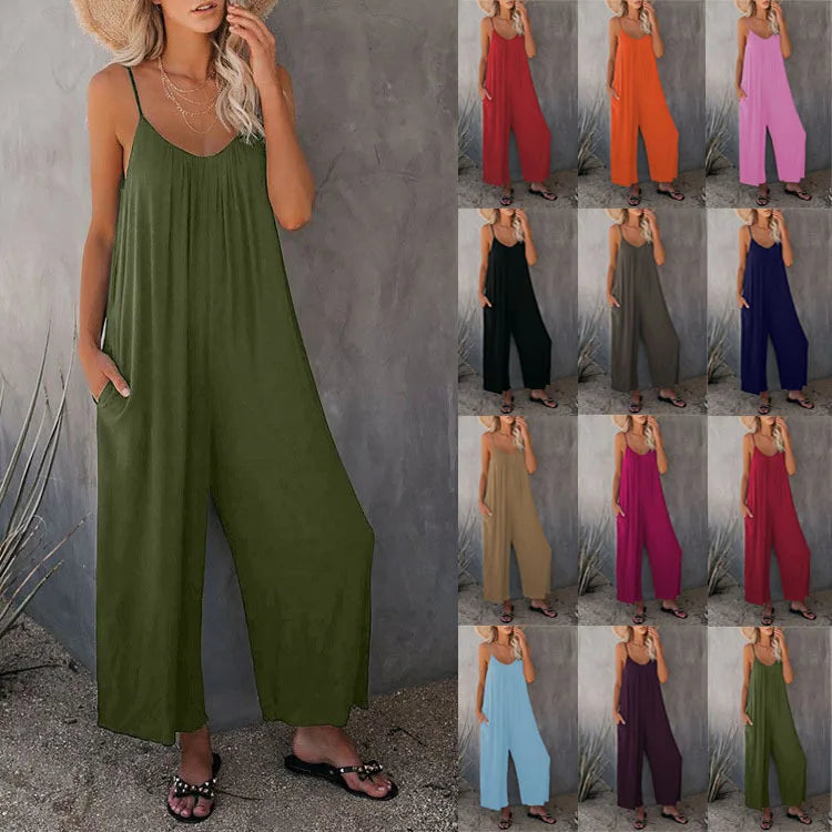 2026 High-Quality Strap Summer New Thick Pure Color Pocket Casual Women's Overall Pants