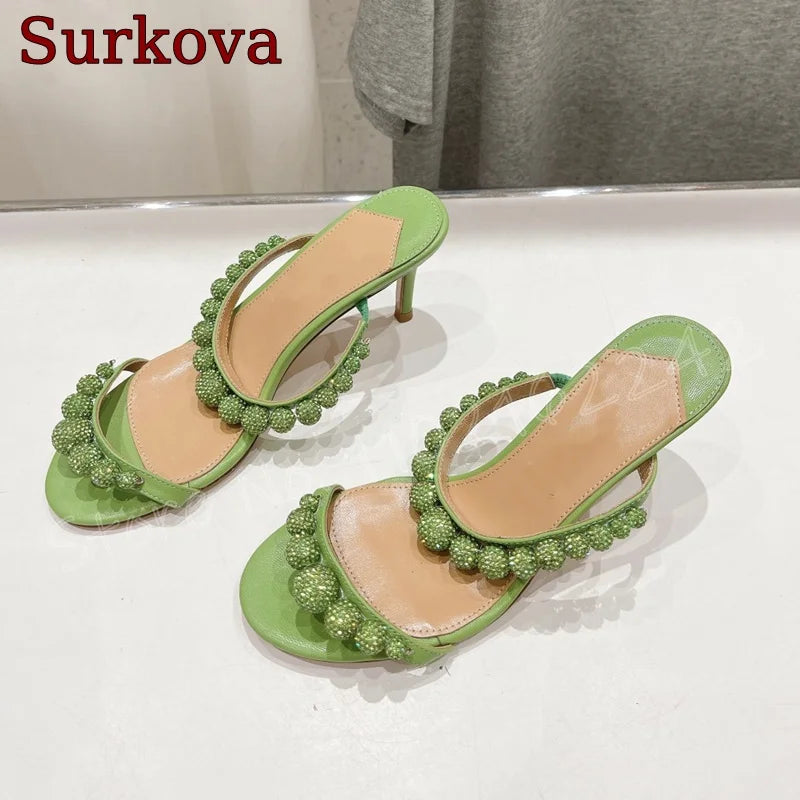 Green Pearl High Heel Slippers Open Toe Round Head Shallow Mouth Slippers Elegant Casual Luxury Dress Women'S Shoes Summer New