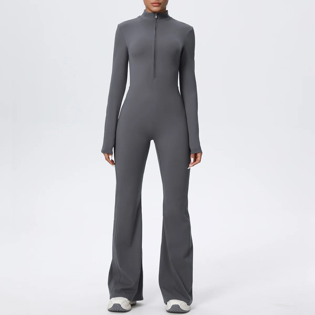 Women Long Sleeve Flare Workout Zip Up Romper Bottom Pants Wide Leg Bodysuit Bodycon One Piece Jumpsuit Activewear XP27