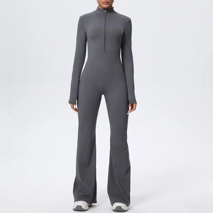 Women Long Sleeve Flare Workout Zip Up Romper Bottom Pants Wide Leg Bodysuit Bodycon One Piece Jumpsuit Activewear XP27