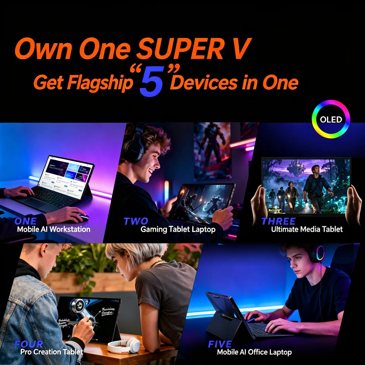 OneXPlayer Super V 2-in-1 Portable Gaming Tablet Laptop Intel Ultra X7 358H OLED Touch Screen Mini AI Workstation