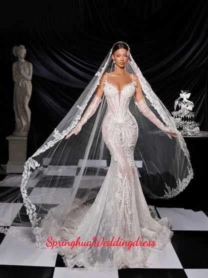 Customized Elegant Illusion Pearls Lace Mermaid Long Wedding Dress Without Gloves Spaghetti Straps Bridal Gown Dresses For Bride