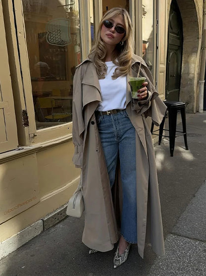Women Khaki Long Color-block Stripe Trench Coat Wide Lapel Loose Drop Shoulder Blue Lining Slit Windbreaker Commute Outing Coats