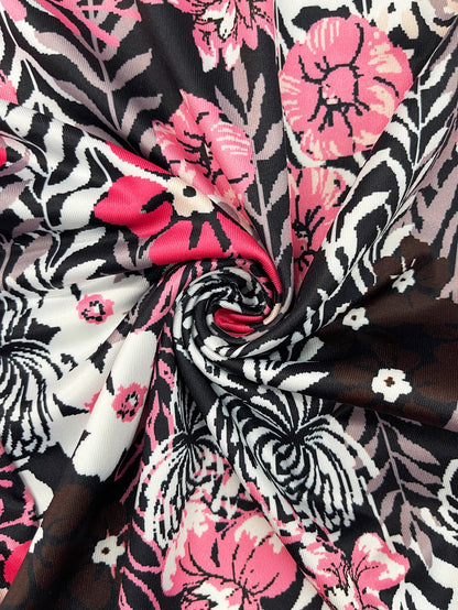 Women's Pink Floral Print Short Sleeve Jumpsuit, Summer Casual V Neck Elastic Waist Wide Leg Romper With Side Pockets
