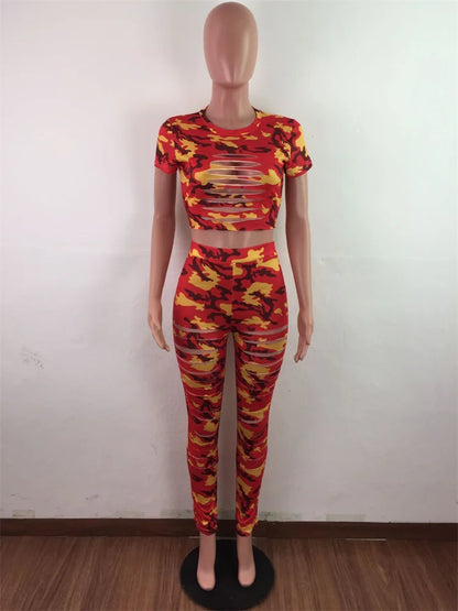 Wmstar Women Two Piece Set Summer Sexy Sport Fashion Casual Ripped Sweatshirt Sweat Camouflage Print Pant Sets Outfit Tracksuit