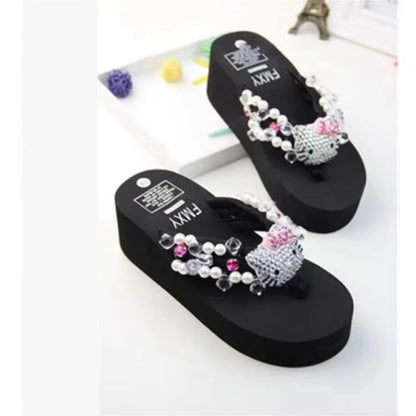 Sanrio Hello Kitty Y2K Soft Flip Flop Sandals Beach Slides Shoes Women Casual Wedge High Heels Platform for Slippers Ladies Gift