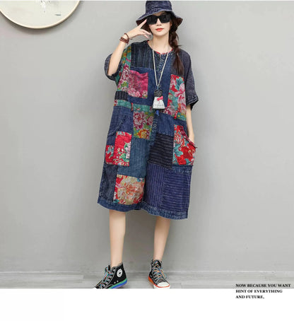 Unique Design Vintage-style Patchwork Large Floral Print Jumpsuit Women Summer Loose Casual Romper LX6155