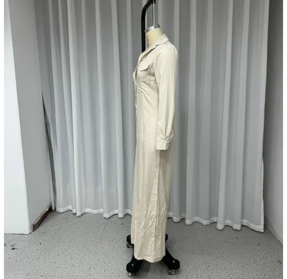 Jumpsuit Women 2024 Autumn Commuting Fashion Turn-Down Collar Long Sleeve Pocket Design Casual Jumpsuits New Female One Pieces