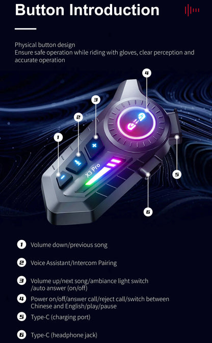 X3 Pro Motorcycle Helmet Bluetooth Headset 2-Riders Intercom 1000M BT6.0 IPX6 Waterproof Voice Assistant NoiseReduction FM Radio