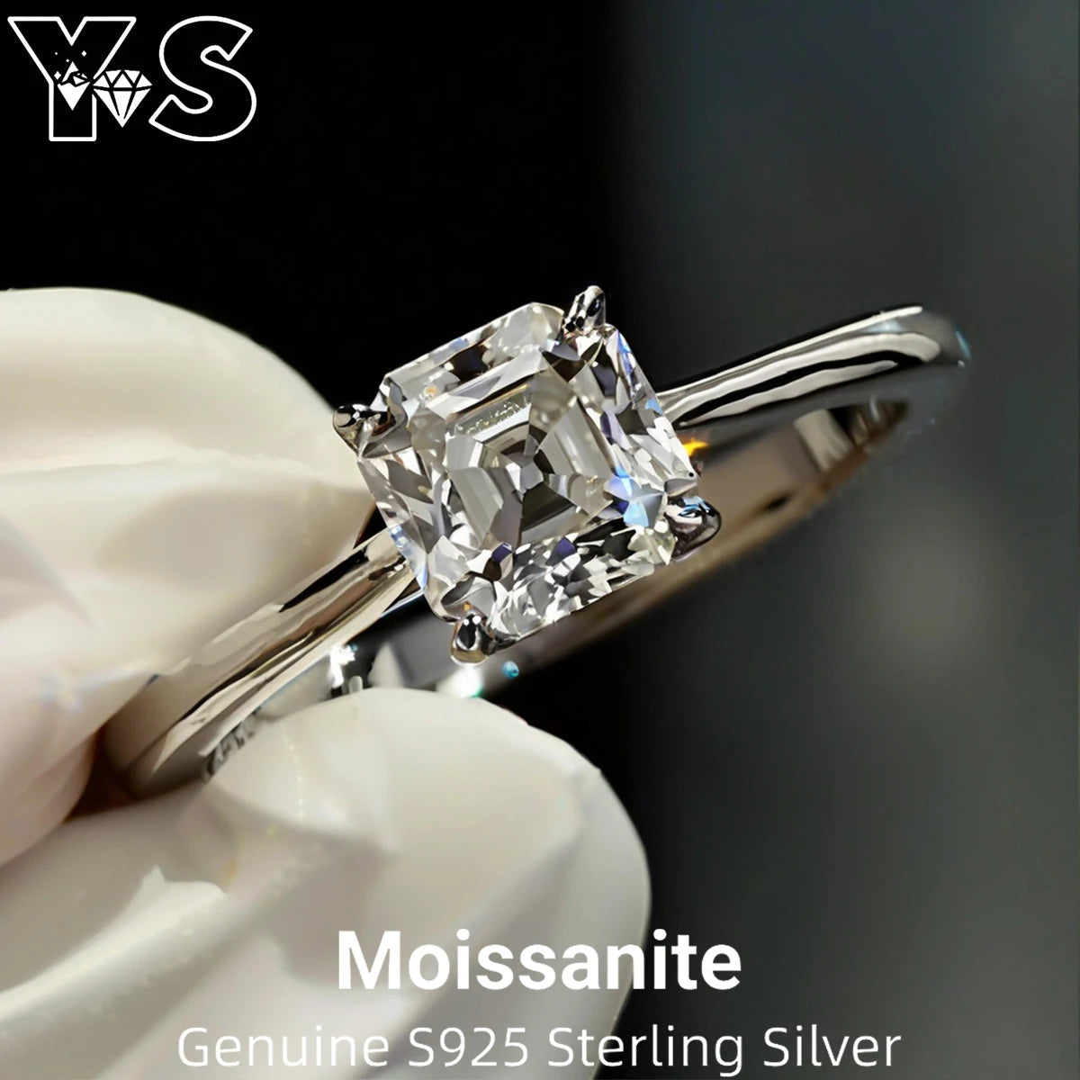 Genuine S925 Sterling Silver 1CT 6mm Asscher Cut Moissanite Sparkling Brilliant Cut Elegant Ring for Women Wedding Engagement An