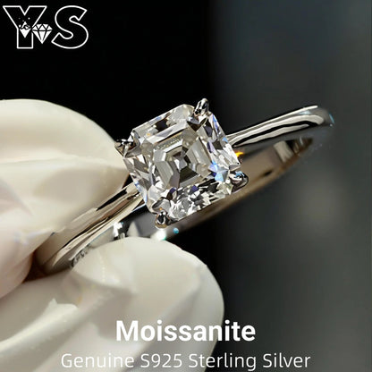 Genuine S925 Sterling Silver 1CT 6mm Asscher Cut Moissanite Sparkling Brilliant Cut Elegant Ring for Women Wedding Engagement An