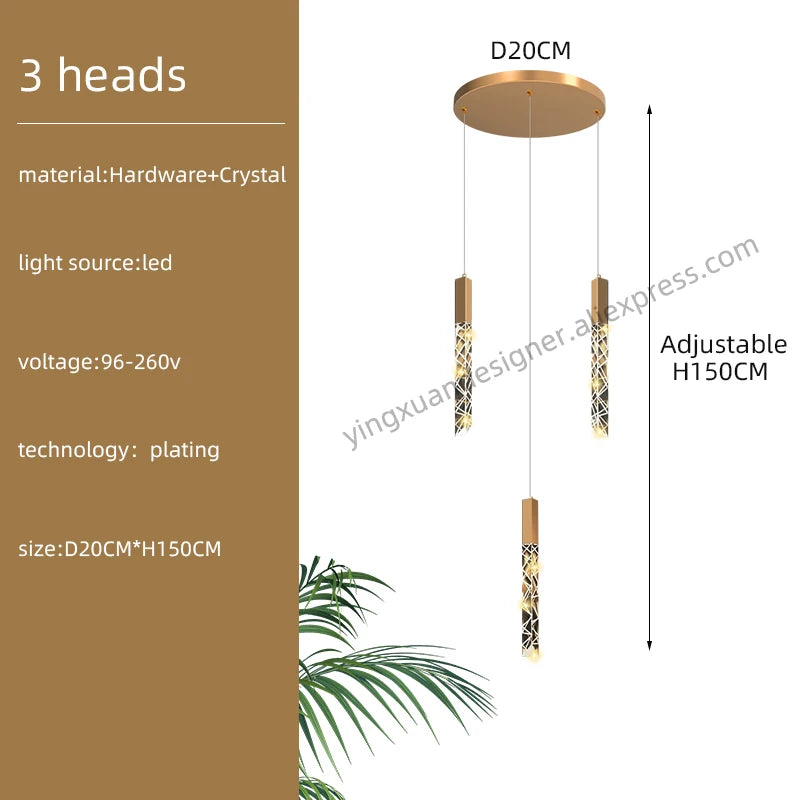 Crystal Staircase Pendant Lamp Modern Gold Lighting Fixture Ceiling Hang Pendant Light Luster Indoor Villa Loft Stair Chandelier