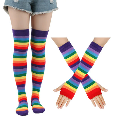 Women Fancy Rainbow Stripes Over Knee Long Socks Elbow Gloves Set Halloween Cosplay Costume Knitted Stretchhy Thigh High