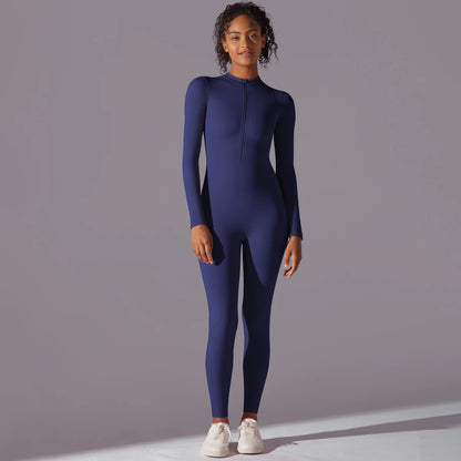 Solid Sports Jumpsuit Fashion Zipper Long Sleeve Fitness Overalls Women Sportswear Quick-dry Gym Yoga Jumpsuit