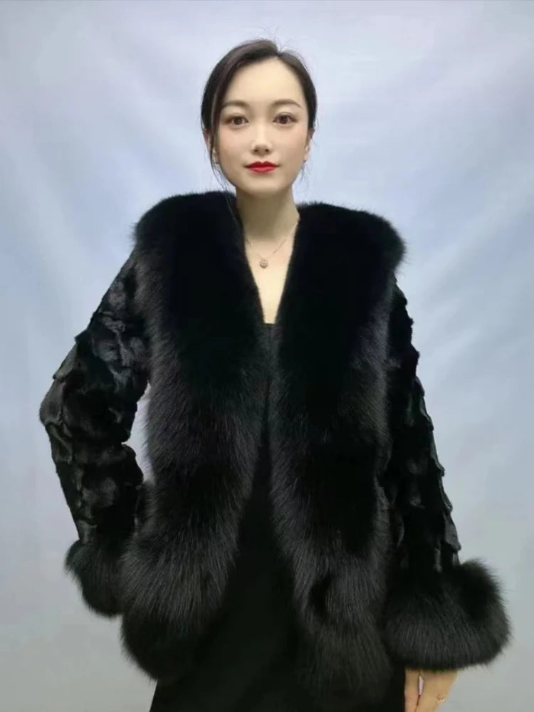 OFTBUY 2023 New Autumn Winter Women Real Mink Fur Outerwear Big Collar Coat High Quality Luxury Warm Middle Length Cardigan