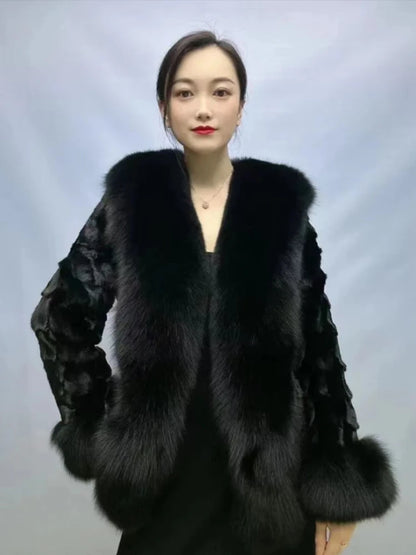 OFTBUY 2023 New Autumn Winter Women Real Mink Fur Outerwear Big Collar Coat High Quality Luxury Warm Middle Length Cardigan